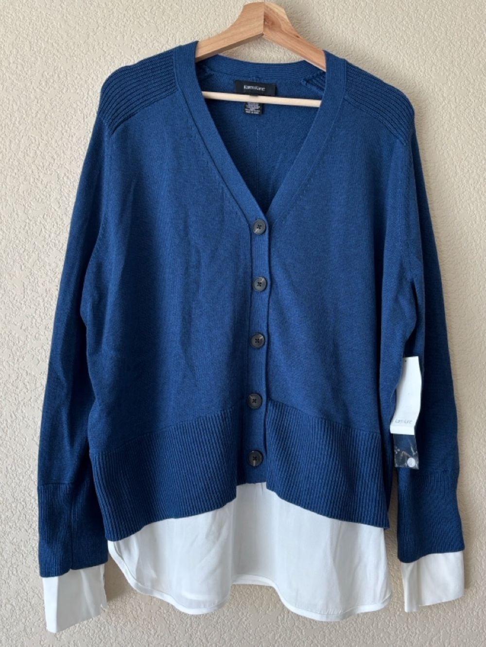 Karen Kane Blue V-Neck Layered Button Cardigan with White Hem- NWT